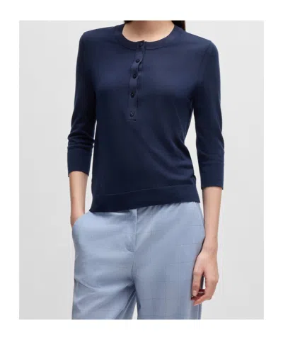 Hugo Boss Boss Filbure Wool Henley Top In Clean Navy
