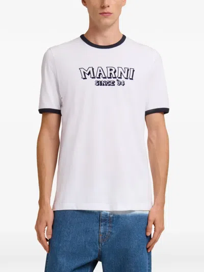Marni Crew Neck T-shirt With Front Logo And Ribbed Accents In White