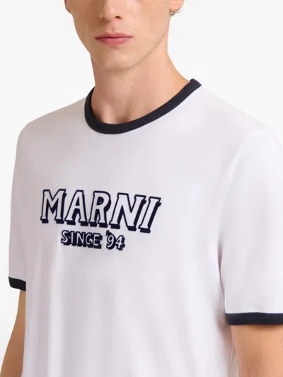 Marni Crew Neck T-shirt With Front Logo And Ribbed Accents In White