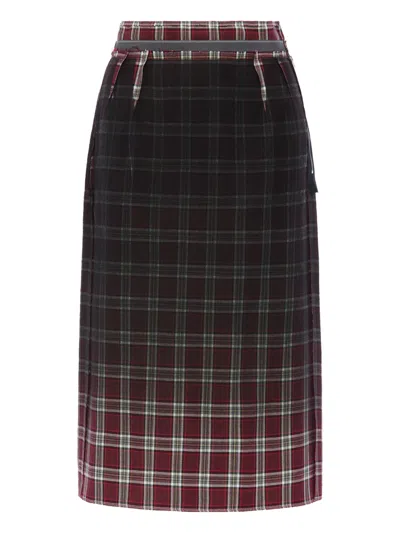 Maison Margiela Womens Burgundy White Tartan-check Wool-blend Midi Skirt In Black