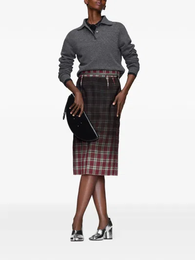 Maison Margiela Womens Burgundy White Tartan-check Wool-blend Midi Skirt In Black