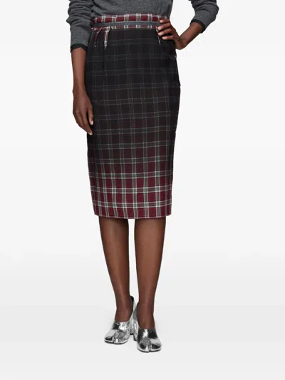 Maison Margiela Womens Burgundy White Tartan-check Wool-blend Midi Skirt In Black