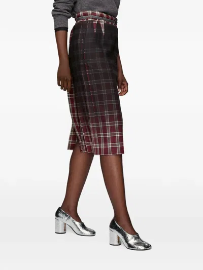 Maison Margiela Womens Burgundy White Tartan-check Wool-blend Midi Skirt In Black