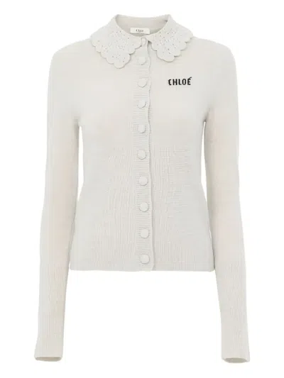 Chloé Embroidered-logo Cardigan In Gray