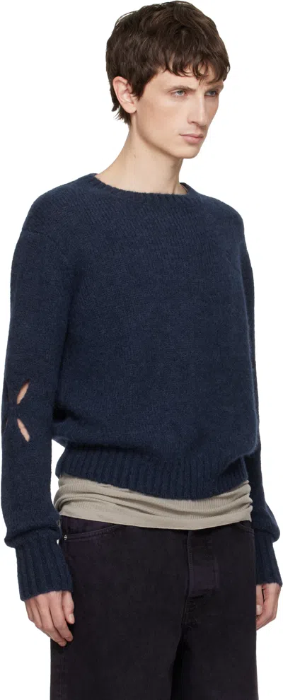 Stefan Cooke Navy Slashed Shaggy Sweater In Blue