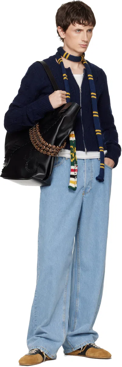 Stefan Cooke Navy & Yellow Stripe Knit Scarf In Multi