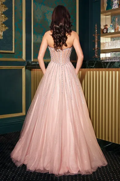 Ladivine S541 Glitter Prom Corset Long Formal A Line Beaded Dress In Pink