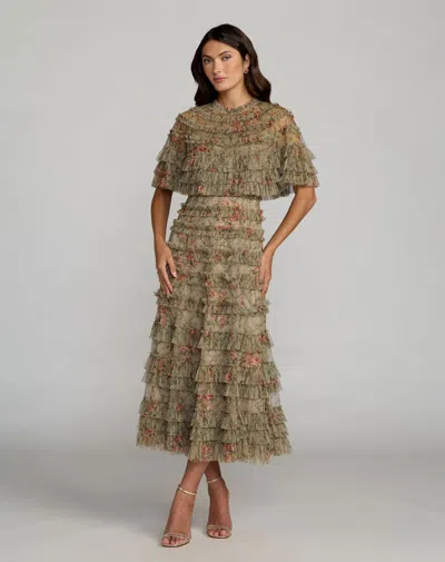 Mac Duggal 8231 Floral Cape Ruffle Midi Cocktail Dress In Brown