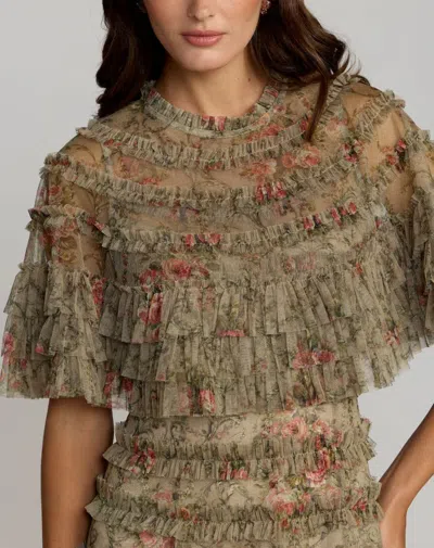 Mac Duggal 8231 Floral Cape Ruffle Midi Cocktail Dress In Brown