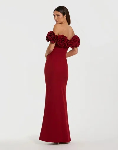 Mac Duggal Crepe Off The Shoulder Column Gown With 3d Roses In Burgundy