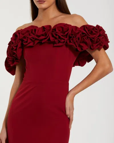 Mac Duggal Crepe Off The Shoulder Column Gown With 3d Roses In Burgundy
