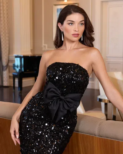 Mac Duggal Strapless Sequin Column Evening Gown With Bow In Black