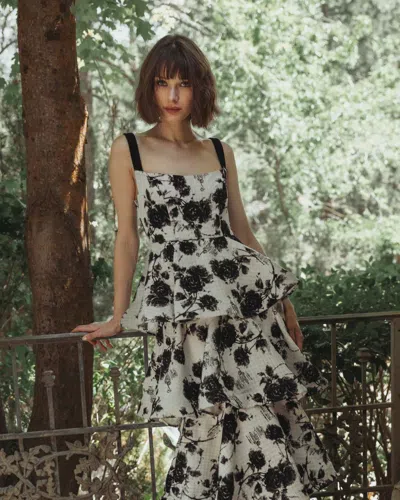 Mac Duggal 27710 Floral Long Formal Ruffle Gown Prom Dress In White