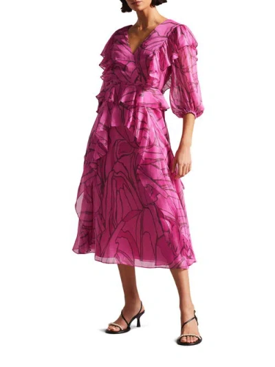 Ted Baker 266152 Short Floral Print Midi Cocktail Dress In Pink