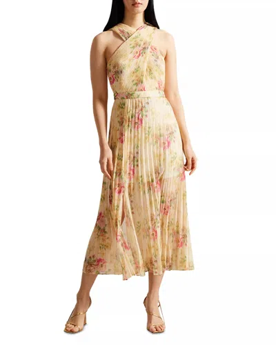Ted Baker 270508 Floral Print Pleated Midi Cocktail Dress In Yellow