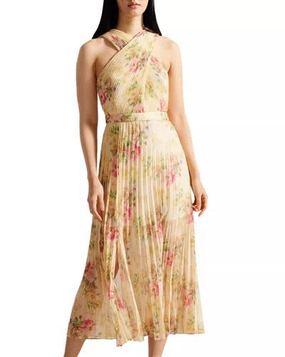 Ted Baker 270508 Floral Print Pleated Midi Cocktail Dress In Yellow