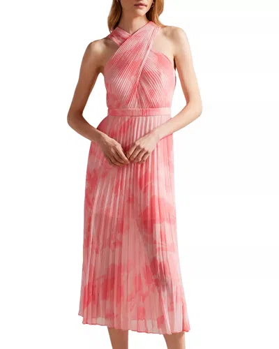 Ted Baker 270500 Pleated Midi Floral Short Cocktail Dress In Orange