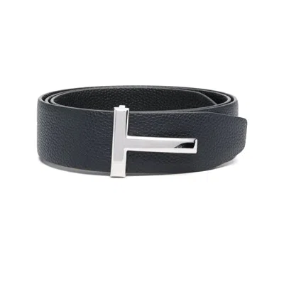 Tom Ford Textured Leather Belt With Distinctive Metallic Buckle In Blue