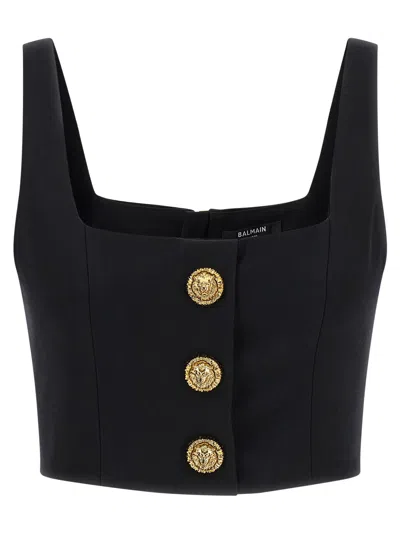 Balmain Cropped Sleeveless Top Gold Button Detail In Black