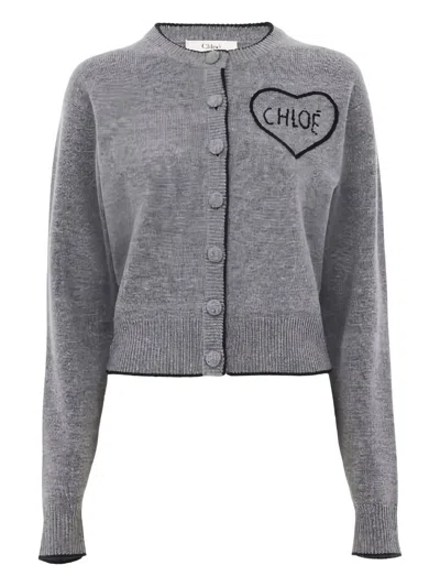 Chloé Wool And Cashmere Cardigan With Logo Knitwear Grey In Gray