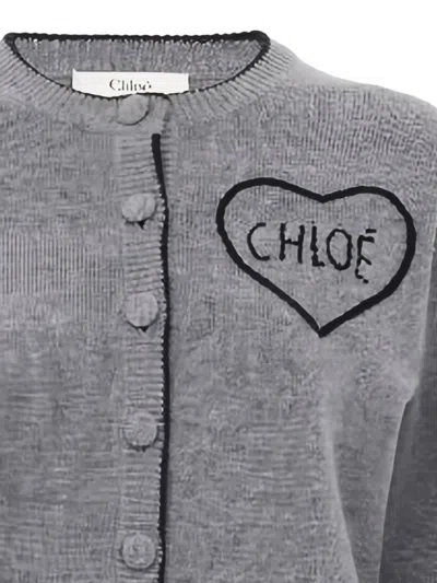 Chloé Wool And Cashmere Cardigan With Logo Knitwear Grey In Gray