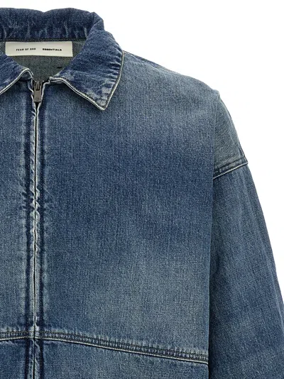 Fear Of God Essential Denim Trucker Puffer Jackets Blue In Blue