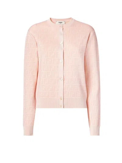 Fendi Ff Jacquard Wool Cardigan In Pink