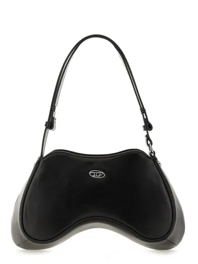 Diesel Play-semi Gloss Leather Shoulder Bag In Black