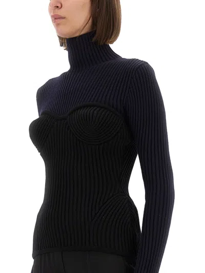 Jean Paul Gaultier Fitted Wool-blend Ribbed Knit Top In Blue
