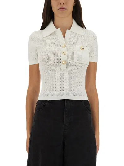 Self-portrait Pointelle Cropped Knit Polo T-shirt In White