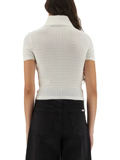 Self-portrait Pointelle Cropped Knit Polo T-shirt In White