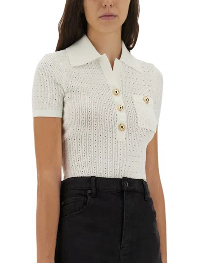 Self-portrait Pointelle Cropped Knit Polo T-shirt In White