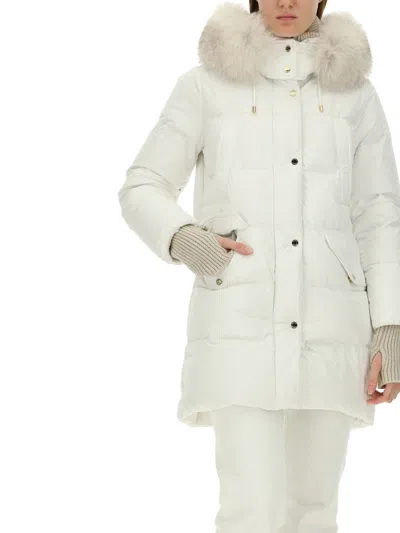 Moorer Long Quilted Coat Fur Hood In White