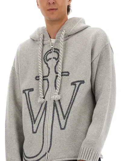 Jw Anderson Grey Sweatshirt With Drawstring Hood And Maxi Anchor Embroidery On The Front In Wool Man In Gray