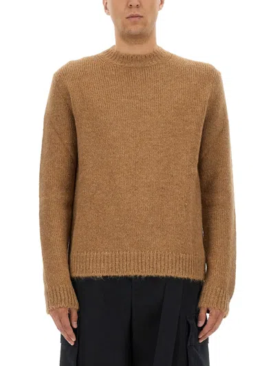 Jil Sander Brown Alpaca-wool Blend Crewneck Sweater With Ribbed Cuffs In Sand