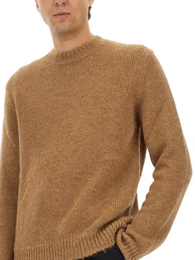 Jil Sander Brown Alpaca-wool Blend Crewneck Sweater With Ribbed Cuffs In Sand