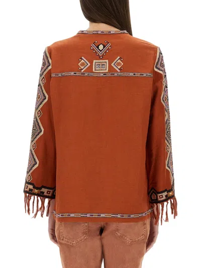 Isabel Marant Orange Silk Zelda Blouse In Animal Print