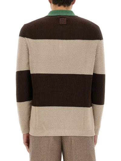 Fendi Knitted Cotton Polo Shirt With Brown And Beige Stripes In Multi
