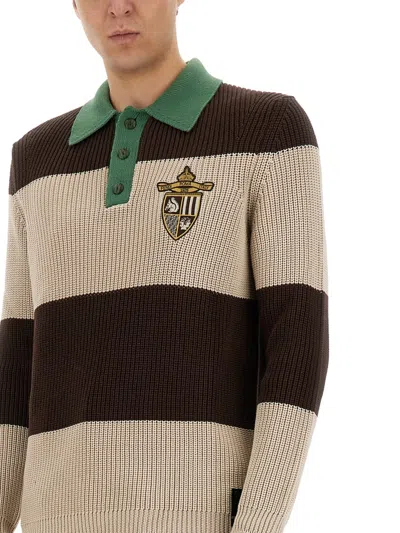 Fendi Knitted Cotton Polo Shirt With Brown And Beige Stripes In Multi