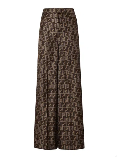 Fendi Ff-monogram Pleated Silk Trousers In Brown