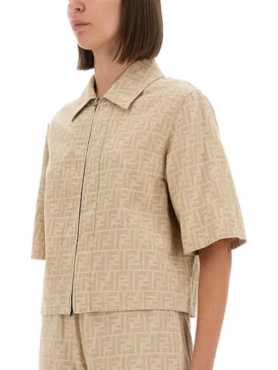Fendi Women Beige Shirt With Classic Collar And Front Zip Closure In Chambray Ff Woman In Neutral