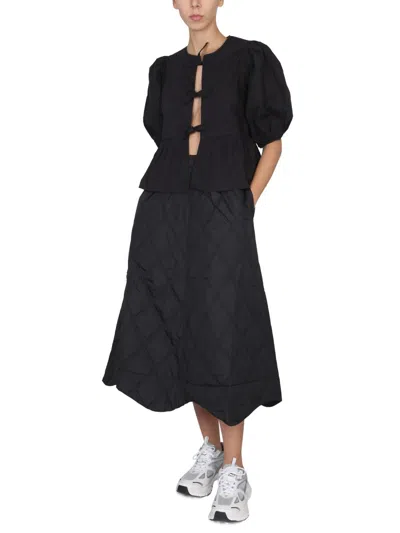 Ganni Poplin Front-tie Peplum Blouse With Puffed-sleeves In Black