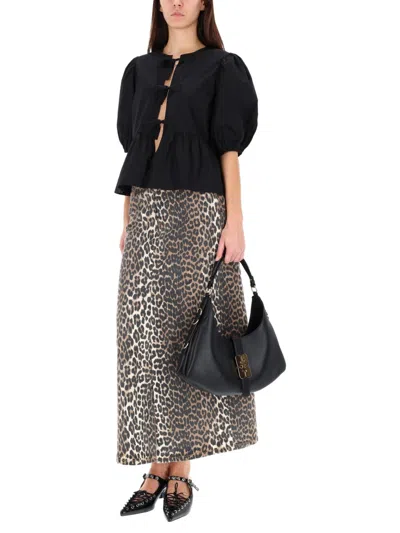 Ganni Poplin Front-tie Peplum Blouse With Puffed-sleeves In Black