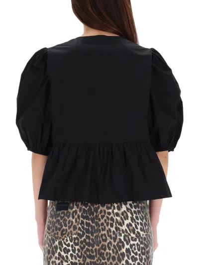 Ganni Poplin Front-tie Peplum Blouse With Puffed-sleeves In Black