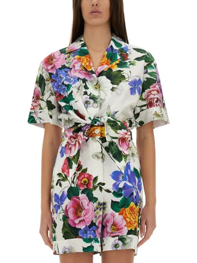 Dolce & Gabbana Printed Poplin Cropped Shirt In Multicolor