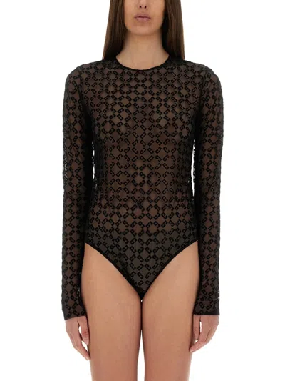 Givenchy Flocked Velvet Monogram Bodysuit In Sheer Tulle In Black