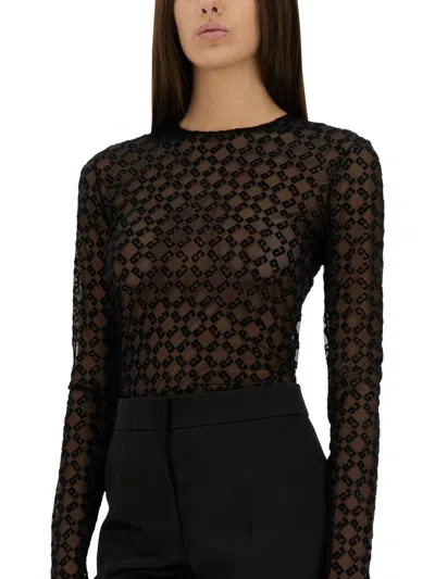 Givenchy Flocked Velvet Monogram Bodysuit In Sheer Tulle In Black