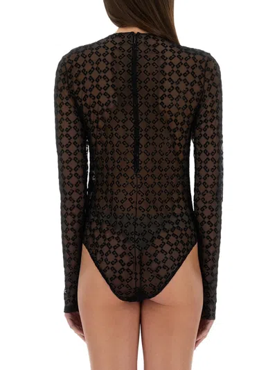 Givenchy Flocked Velvet Monogram Bodysuit In Sheer Tulle In Black
