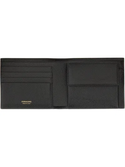 Ferragamo Micro Gancini Black Bi Fold Wallet With Logo In Hammered Leather Man In Black