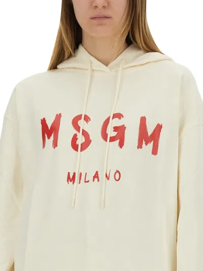 Msgm Brushed Logo Hoodie Ribbed Finish In Beige